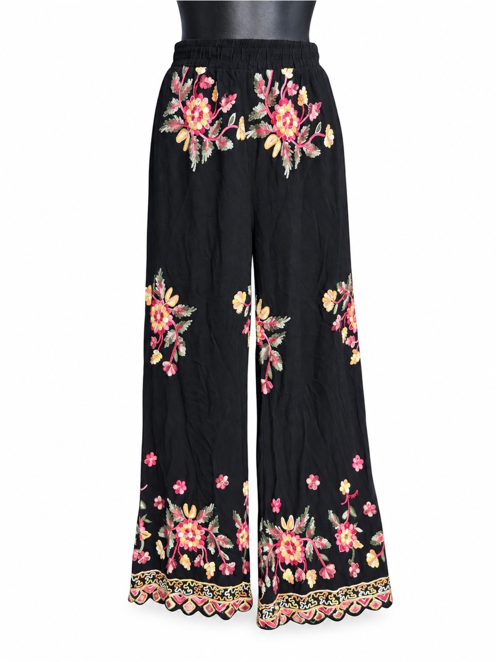 Liv Los Angeles black floral embroidered wide-leg boho pants small